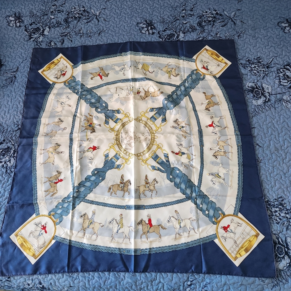 Hermes Blue and White Equestrian Scarf